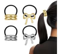 Metal Hair Ties 4Pcs Bowknot & Geometric Black Hair Ties Elegant Durable Hair Ponytail Holders Fashion Glossy Hair Scrunchies for Women Thick Thin Hair Styling Strong Hold Hair Claw Clips-Gold&Silver