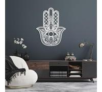 Metal Hamsa Hand Sacred Geometry Wall Art, Metal Evil Eye Zen Artwork Decoration, Hamsa Spiritual Home Decor for Living Room,Bedroom Hallway and Stairs Nature Home Decor Gift (White 51L
