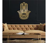 Metal Hamsa Hand Sacred Geometry Wall Art, Metal Evil Eye Zen Artwork Decoration, Hamsa Spiritual Home Decor for Living Room,Bedroom Hallway and Stairs Nature Home Decor Gift (Gold 24Lx