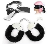Metal Handcuffs Sex Toys for Bondage, with 1.5m Satin Blindfold Set, Thickened Restraints Hand Cuffs Bedroom Handcuffs and Blind Folder Set, Fluffy Handcuffs for Play Cosplay (Black)