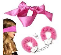 Metal Handcuffs with 2 Keys, Fluffy Handcuffs Satin Eye Mask, Handcuffs for Women Cosplay,Handcuffs Prop Dress Ball Party,Satin Headband for Sleeping Games,Valentine's Gift (Pink)