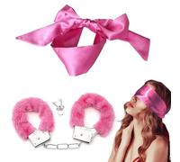 Metal Handcuffs with 2 Keys, Fluffy Handcuffs Satin Eye Mask, Handcuffs for Women Cosplay,Handcuffs Prop Dress Ball Party,Satin Headband for Sleeping Games,Valentine's Gift (Pink)