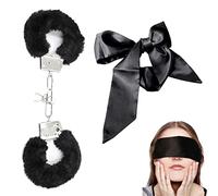 Metal Handcuffs with 2 Keys, Fluffy Handcuffs Satin Eye Mask, Handcuffs for Women Cosplay,Handcuffs Prop Dress Ball Party,Satin Headband for Sleeping Games,Valentine's Gift (Black)