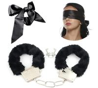 Metal Handcuffs with 2 Keys, Fluffy Handcuffs Satin Eye Mask, Sleep Eye Mask Play, Cosplay Costume Props for Cosplay, Satin Headband for Sleeping Games,Valentine's Gift (Black)