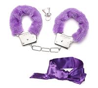 Metal Handcuffs with 2 Keys, Satin Blindfold Fluffy Handcuffs for Boys' Play & Cosplay Costume Props for Dress Ball Party (Red, Purple)