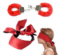 Metal Handcuffs with 2 Keys,Satin Blindfold Fluffy Handcuffs Play,Cosplay Costume Props for Cosplay,Handcuffs Prop Dress Ball Party (Red) (Red)