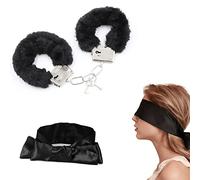 Metal Handcuffs with 2 Keys,Satin Blindfold Fluffy Handcuffs Play,Cosplay Costume Props for Cosplay,Handcuffs Prop Dress Ball Party (Red) (Black)
