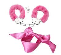 Metal Handcuffs with 2 Keys,Satin Headband Pearl Headband Satin Blindfold Play,Cosplay Costume Props for Cosplay,Handcuffs Prop Dress Ball Party (Pink)
