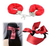 Metal Handcuffs with 2 Keys,Satin Headband Pearl Headband Satin Blindfold Play,Cosplay Costume Props for Cosplay,Handcuffs Prop Dress Ball Party (Black) (Red)