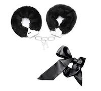 Metal Handcuffs with 2 Keys,Satin Headband Pearl Headband Satin Blindfold Play,Cosplay Costume Props for Cosplay,Handcuffs Prop Dress Ball Party (Black) (Black)