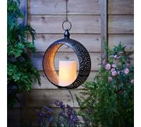 Metal Hanging Lantern With Solar Powered Led Candle - Black & Gold Garden Ornament Light With Cut Out Pattern - H60 X W24 X D10Cm