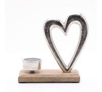 Metal Heart & Wood Tea Light Holder 16cm