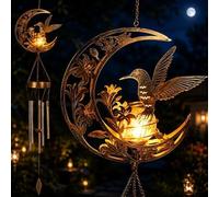 Metal Hummingbird Moon Solar Light with Wind Chime, Outdoor LED Solar Lamp, Waterproof Hanging Garden Decor Light with S-Hook, Solar Wind Chime Decoration for Balcony, Patio, Garden Lighting & Gift