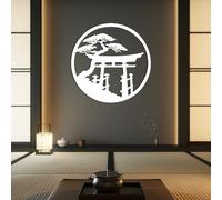Metal Japanese Wall Art Torii Gate Wall Decor Japanese Torii Gate Decor Cherry Blossom Art Asian Shinto Landscape Decorations for Home Living Room Outdoor (White, 27.6x27.5 inch/70x70 cm, Metal)