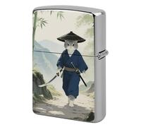 Metal Lighter Case Cover Reusable Flip Top Lighter Sleeve Double Sided Windproof & Waterproof Cigarette Holder Portable Pocket Japanese Samurai Cat Lighters Pouch for Dad Boyfriend Husband