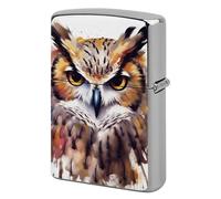 Metal Lighter Case Cover Reusable Flip Top Lighter Sleeve Double Sided Windproof & Waterproof Cigarette Holder Portable Pocket Watercolor Cool Owl Head Lighters Pouch for Dad Boyfriend Husband
