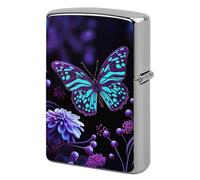 Metal Lighter Case Cover Reusable Flip Top Lighter Sleeve Double Sided Windproof & Waterproof Cigarette Holder Portable Pocket Purple Butterfly and Flowers Lighters Pouch for Dad Boyfriend Husband