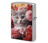 Metal Lighter Case Cover Reusable Flip Top Lighter Sleeve Double Sided Windproof & Waterproof Cigarette Holder Portable Pocket Cat in Flowers Lighters Pouch for Dad Boyfriend Husband