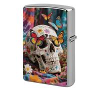 Metal Lighter Case Cover Reusable Flip Top Lighter Sleeve Double Sided Windproof & Waterproof Cigarette Holder Portable Pocket Butterfly Skull Hippie Lighters Pouch for Dad Boyfriend Husband