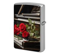Metal Lighter Case Cover Reusable Flip Top Lighter Sleeve Double Sided Windproof & Waterproof Cigarette Holder Portable Pocket Red Rose on Piano Lighters Pouch for Dad Boyfriend Husband