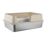 Metal Litter Tray with Scoop, Large Metal Litter Tray, Stainless Steel Open Top Litters Box with Detachable Rim, High Sided, Anti-Leakage, Easy Cleaning, Indoor Cats Trays
