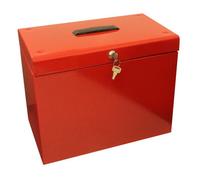 Metal Lockable A4 File Box With 5 Suspension Files - Store & Organise Paperwork & Important Documents - Red, H30 X W37 X D22Cm