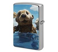 Metal Lovely Sea Otter Print Lighter Case Windproof Flip Top Lighter Sleeve Double Sided Vintage Cool Cigarette Pouch Holder Reusable Pocket Protective Cover Men Gifts for Boyfriend Husband