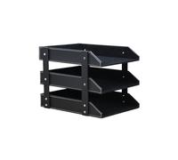 Metal Magazine File Rack， 3-Layer Stackable Desk File Organizer PU Leather Black Brown(Black)