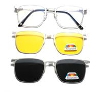 Metal Magnetic Clip On Sunglasses Polarised Yellow Night Vision Sunglasses Multifunctional Driving Glasses, Silver frame.
