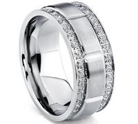 Metal Masters Men's Titanium Wedding Band Ring with Double Row Cubic Zirconia, Comfort Fit Sizes, 9MM 8 to 12, 5 UK, Metal, Cubic Zirconia