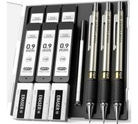 Metal Mechanical Pencil Set with Case, 3 Pencils, 0.9 mm, Break-Resistant | 360 Leads, 12 Erasers, Non-Slip Grips, For School Writing, Sketching, Art Drawing & Professional Drafting