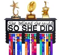 Metal Medal & Trophy Holder- 15.7x 7.9 Inch 4 Rows Medal Hanger Display with Shelf Medal Holder and Trophy Display Hanger Rack Frame Easy to Install Wall Mount for Girls Displaying Over 70 Medals