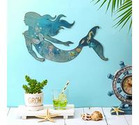 Metal Mermaid Wall Art Rustic Hanging Mermaid Wall Decor Blue Metal Mermaid Decorations Stainless Steel Mermaid Sculpture for Room Wall Patio Swimming Pool Bathroom, 15 x 8.5 Inches (Classic Style)