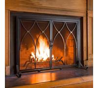 Metal Mesh Fireplace Screen with Double Doors, Freestanding Spark Guard Barrier for Open Fire, 2-Panel Flame Fence for Log Burner