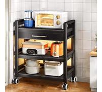 Metal Microwave Stand with Drawer - Versatile Baker's Rack for Kitchen Storage, Free-Standing Shelf on Casters, Ideal Oven Rack for Home, Living Room & Hallway (Black)