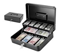 Metal Money Box with 2 Keys, Coin Tray, Stainless Steel Handle, Portable Money Tin Box, 5 Compartments Lockable Cash Box, Locking Safe Box, Money Saving Box for Home Office Events, 30x24x9cm, Black