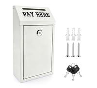 Metal Money Drop Box, Wall-Mounted Pre-Drilled Donation Box with Security Lock, 5.6×2.7×10.2in Black Mailboxes for Outside, Self-Serve Stand, Office & Home Use (White)
