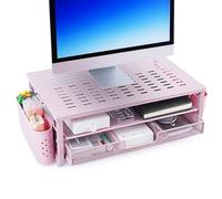 Metal Monitor Stand Riser, Office Desk Computer Shelf Organizer , 2-Tier Computer Monitor Stand with Drawer and Pen Holder, Desk Accessories, for Laptop, Printer, Pink Office Decor for Women ( Pink )