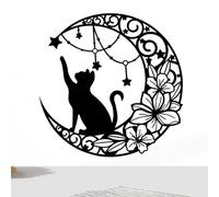 Metal Moon Cat Wall Art - Metals Walls Decor, Wrought Iron And Moon Decor, Sculptures For Home, Kitchen, Living Rooms, Bathroom, Offices, Feline Cloaked Cat Figurine, Polyresin, Black