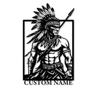 Metal Native American Chief Wall Art, Tribal Headdress Decor, Western Boho Accent, Indigenous Warrior Silhouette Gift, Custom Name Metal Sign for Home Cabin or Man Cave (Style-6)