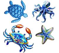 Metal Ocean Wall Sculptures Outdoor Indoor Nautical Metal Wall Art Decor Blue Sea Turtle Crab Octopus and Starfish Wall Decor Outdoor Wall Art for Garden Pool Patio Balcony Kitchen or Bathroom