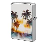 Metal Palm Trees Sunset Lighter Case Windproof Flip Top Lighter Sleeve Double Sided Vintage Cool Cigarette Pouch Holder Reusable Pocket Protective Cover Men Gifts for Boyfriend Husband