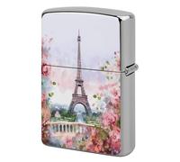 Metal Paris Eiffel Tower with Flowers Lighter Case Windproof Flip Top Lighter Sleeve Double Sided Vintage Cool Cigarette Pouch Holder Reusable Pocket Protective Cover Men Gifts for Boyfriend Husband