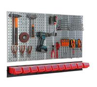 Metal Pegboard 117x72 cm tool holders Tool hooks 11 stacking boxes red Workshop