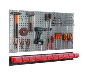 Metal Pegboard 117x72 cm tool holders Tool hooks 11 stacking boxes red Workshop