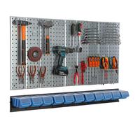 Metal Pegboard 117x72 cm with tool holders Tool hooks 11 stacking boxes blue