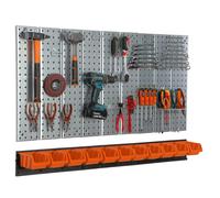 Metal Pegboard 117x72 cm with tool holders Tool hooks 11 stacking boxes orange