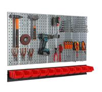 Metal Pegboard 117x72 cm with tool holders, tool hooks 11 stacking boxes red