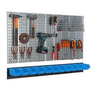 Metal Pegboard 117x72 cm with tool holders Tool hooks and 11 stacking boxes blue