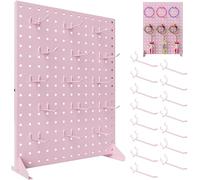 Metal Pegboard Display Stand With 15 Peg Board Hooks Accessories, Desk Pegboard Panels, Merchandise Display Rack for Selling Accessories Vendors & Events Retail Craft Shows & Fairs (17*13Inch, Pink）